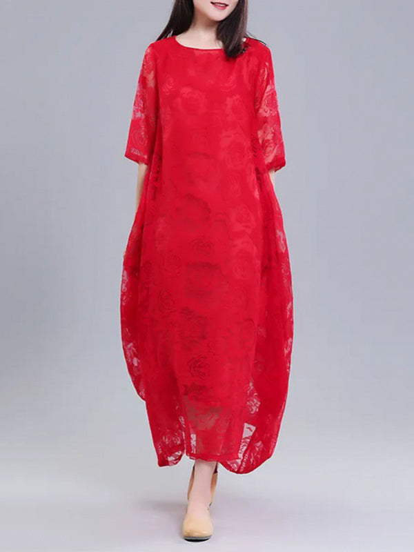 Flower Print See-Through Solid Color A-Line Half Sleeves Round-Neck Midi Dresses