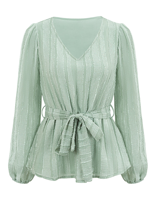 Elasticity Solid Color Tied Waist Long Sleeves Loose V-Neck T-Shirts Tops