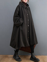 Buttoned Pockets Solid Color High-Low Long Sleeves Hooded Woolen Coat