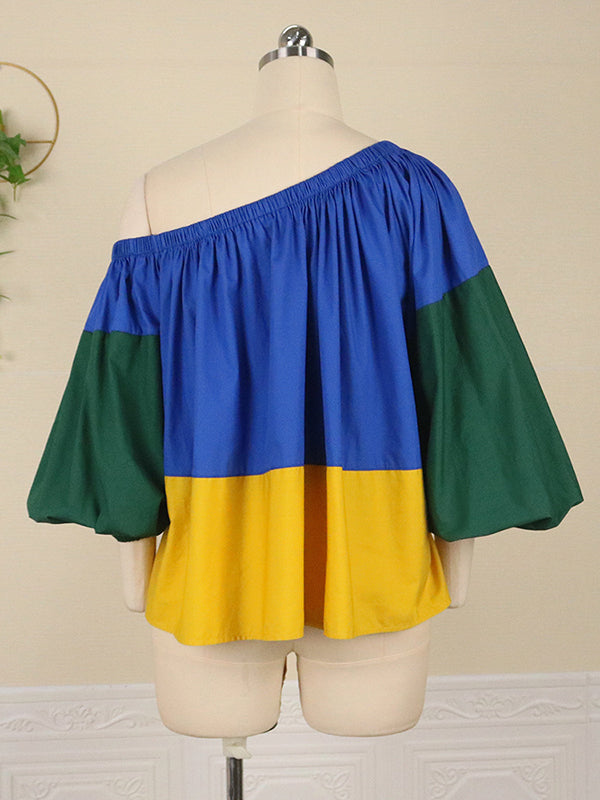 Belted Color-Block Falbala Loose One-Shoulder Shirts Tops