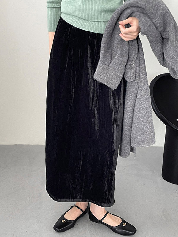 Elasticity Solid Color Split-Back High Waisted H-Line Skirts