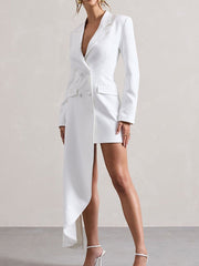 Asymmetric Buttoned Pockets Solid Color Long Sleeves Notched Collar Blazer Maxi Dress