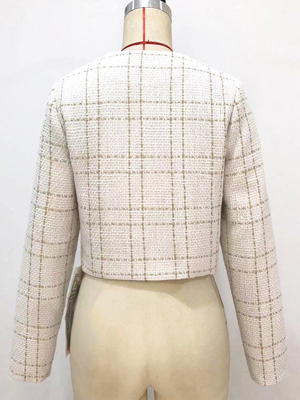 Buttoned Plaid Split-Joint Long Sleeves Loose Round-Neck Outerwear