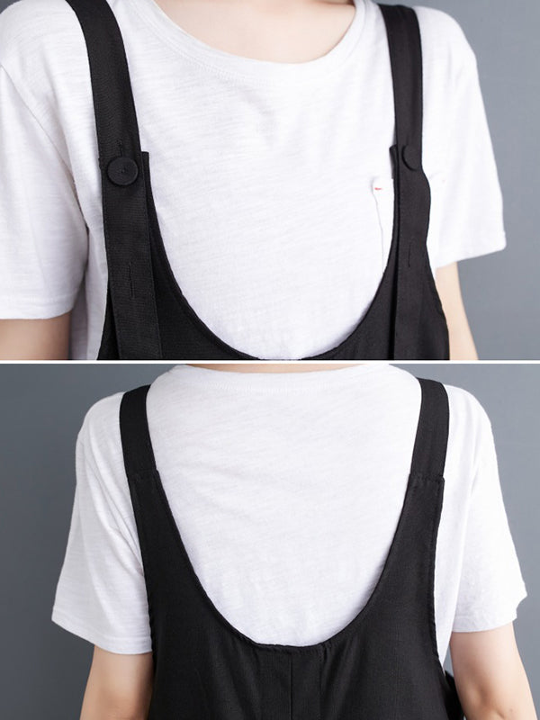 Buttoned Solid Color Ninth Pants Wide Leg Spaghetti-Neck Overalls