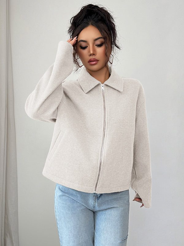 Solid Color Zipper Long Sleeves Loose Lapel Outerwear