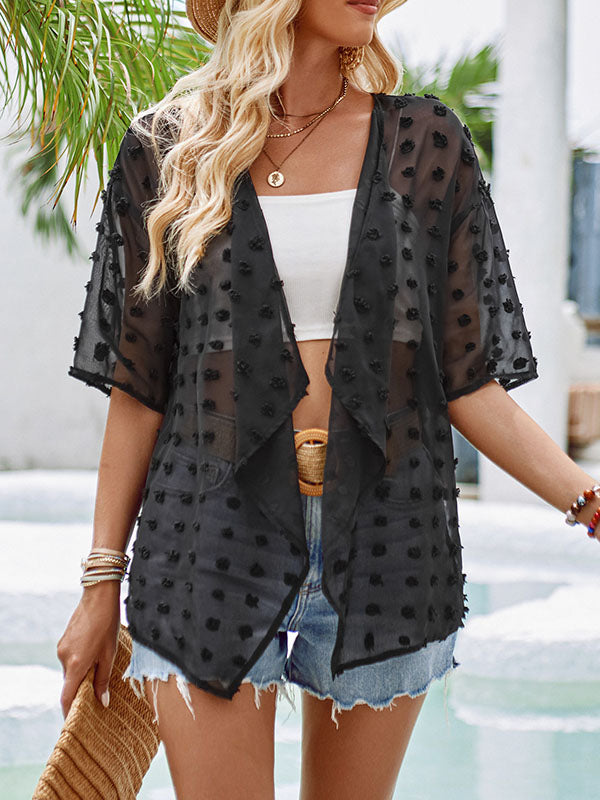 Jacquard See-Through Split-Joint Loose Short Sleeves Blouses