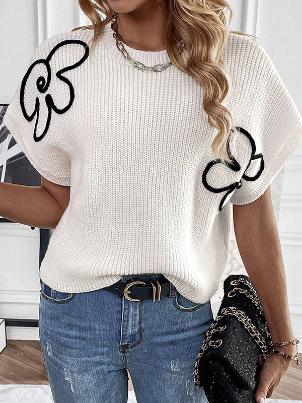 Knitted Flower Loose Short Sleeves Round-Neck Sweater Tops Pullovers