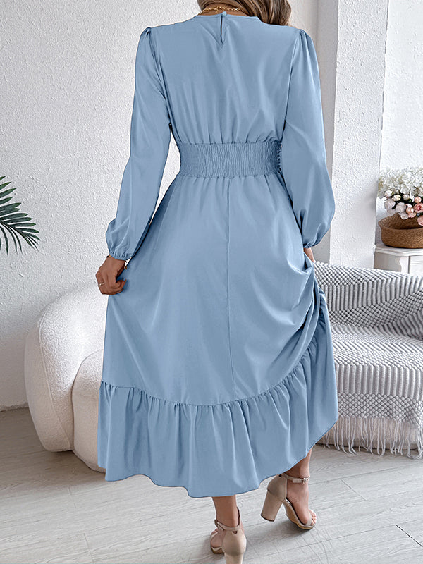 Pleated Solid Color A-Line Elasticated Waist Round-Neck Maxi Dresses