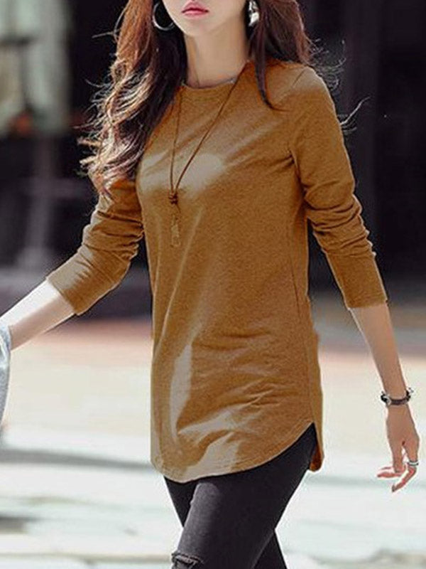 Solid Color Long Sleeves Round-Neck T-Shirts Tops