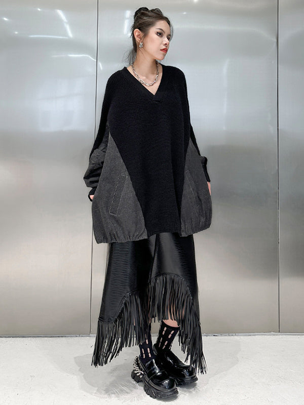 Asymmetric Buttoned Crocodile Texture Solid Color Tasseled A-Line Irregularity Skirts Bottoms