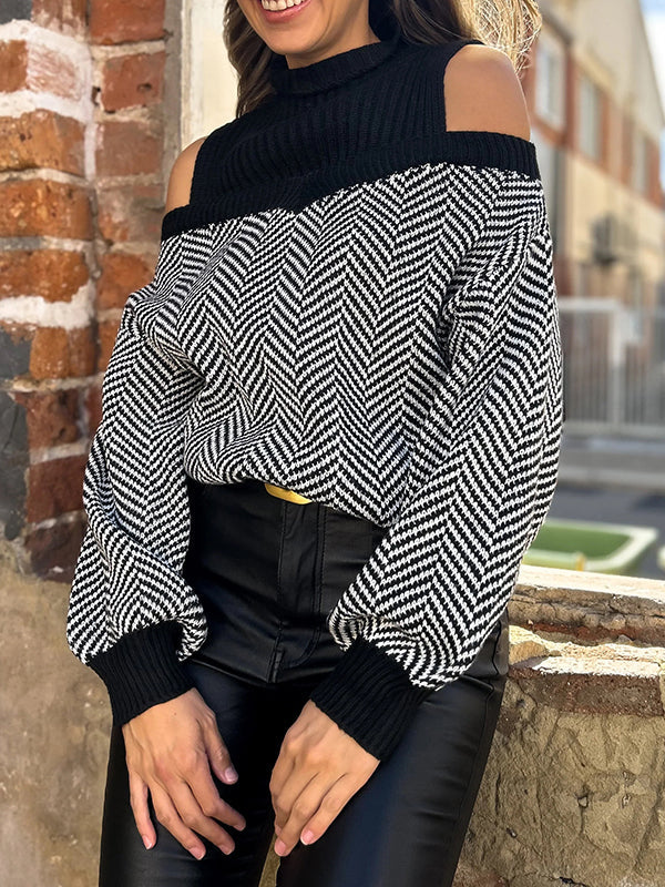 Contrast Color Split-Joint Loose Puff Sleeves Cold Shoulder Sweater Tops
