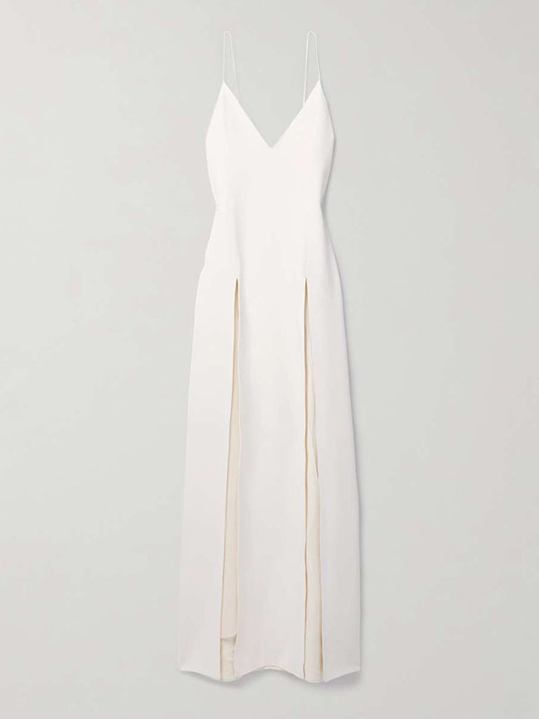 See-Through Solid Color Split-Back Split-Front Split-Joint Loose Sleeveless Spaghetti-Neck Maxi Dresses