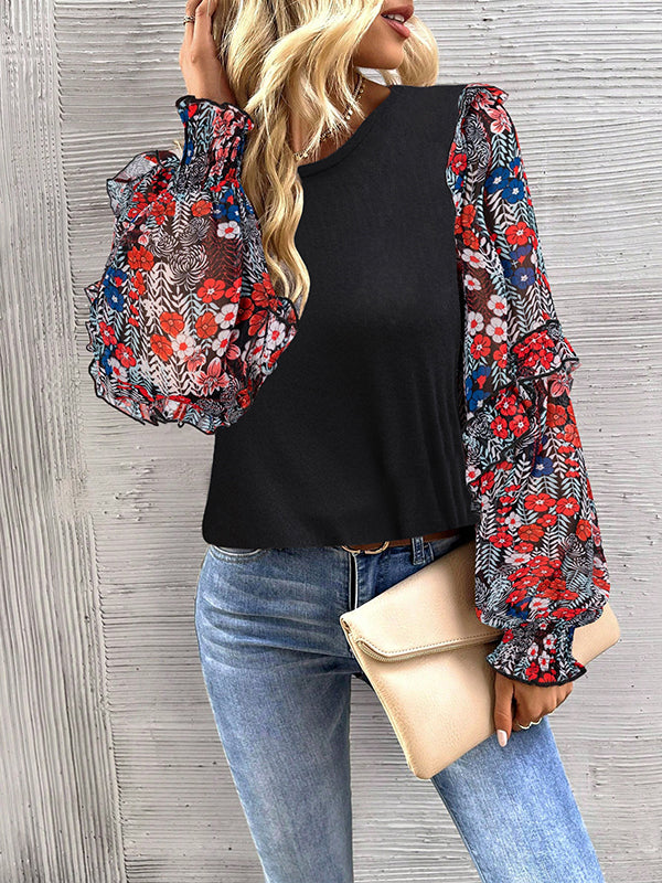 Flower Print Split-Joint Long Sleeves Loose Round-neck Blouses&shirts Tops