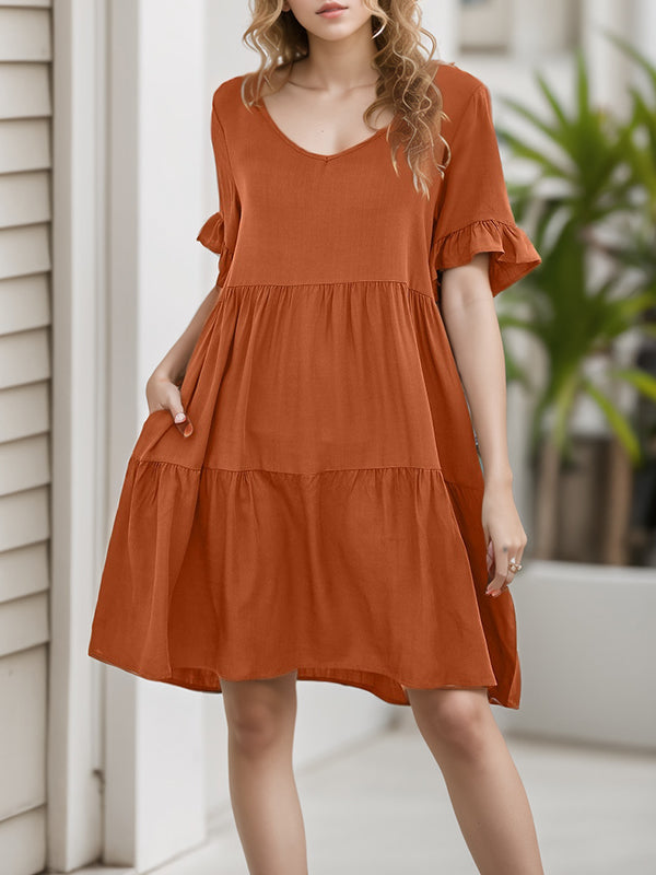 Pleated Pockets Ruffled Solid Color Split-Joint A-Line Flared Sleeves Round-Neck Mini Dresses