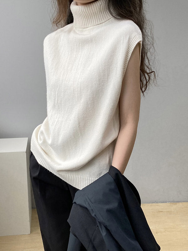 Simple Loose Solid Color High-Neck Knitting Vest Top