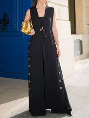 Hollow Solid Color Split-side Tied Loose Sleeveless Deep V-Neck Vest Outerwear