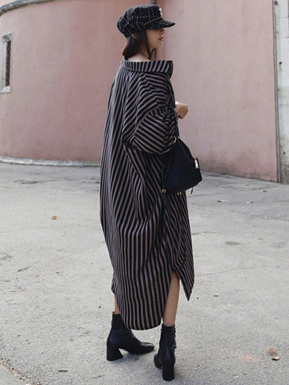 Loose Striped Lapel Split-joint Blouse Dress
