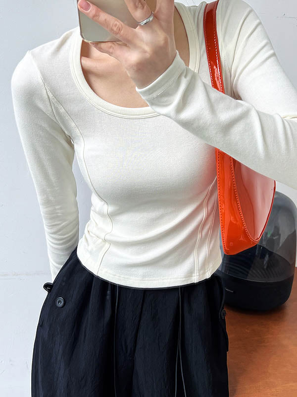 Solid Color Split-Joint Long Sleeves Skinny Round-Neck T-Shirts