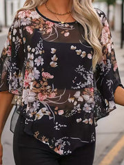 Flower Print See-Through Batwing Sleeves Half Sleeves Round-Neck Cover-Ups Tops Blouses&Shirts Tops