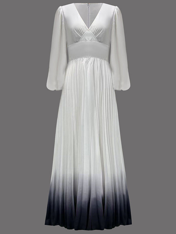 Gradient Pleated A-Line High Waisted V-Neck Maxi Dresses