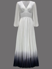 Gradient Pleated A-Line High Waisted V-Neck Maxi Dresses