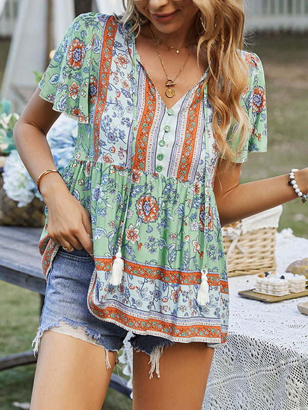 Buttoned Flower Print Split-Joint Tasseled Tied Loose Short Sleeves V-Neck T-Shirts Tops
