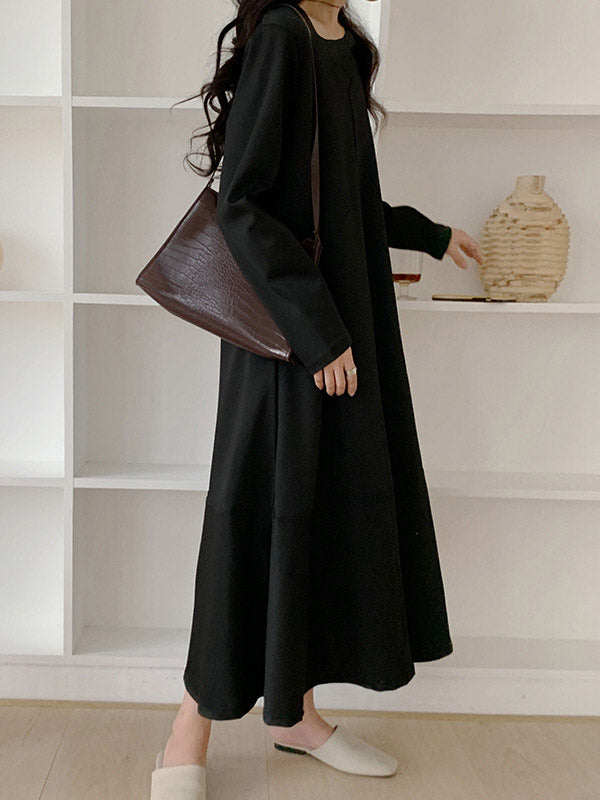 Hollow Solid Color A-Line Long Sleeves V-Neck Midi Dresses