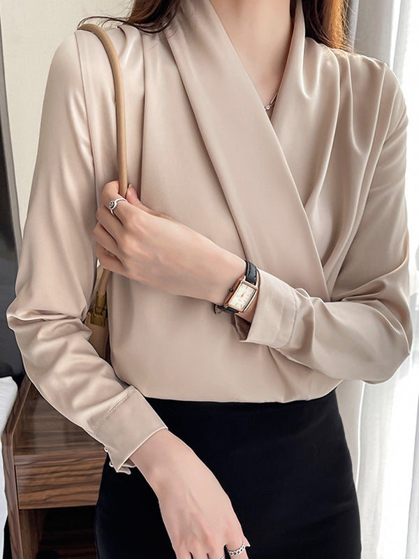Buttoned Solid Color Long Sleeves Loose V-Neck Blouses&Shirts Tops