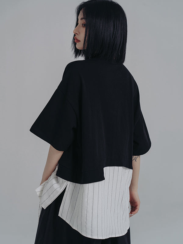 Urban Striped Drawstring Split-Joint False Two Split-Joint T-Shirt