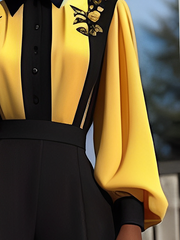 Buttoned Contrast Color Flower Print Split-Joint Long Sleeves Loose Lapel Blouses&Shirts Tops