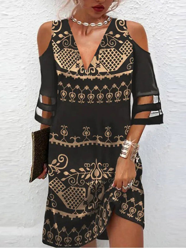 Hollow Mesh Printed Split-Joint Half Sleeves Loose Cold Shoulder Mini Dresses