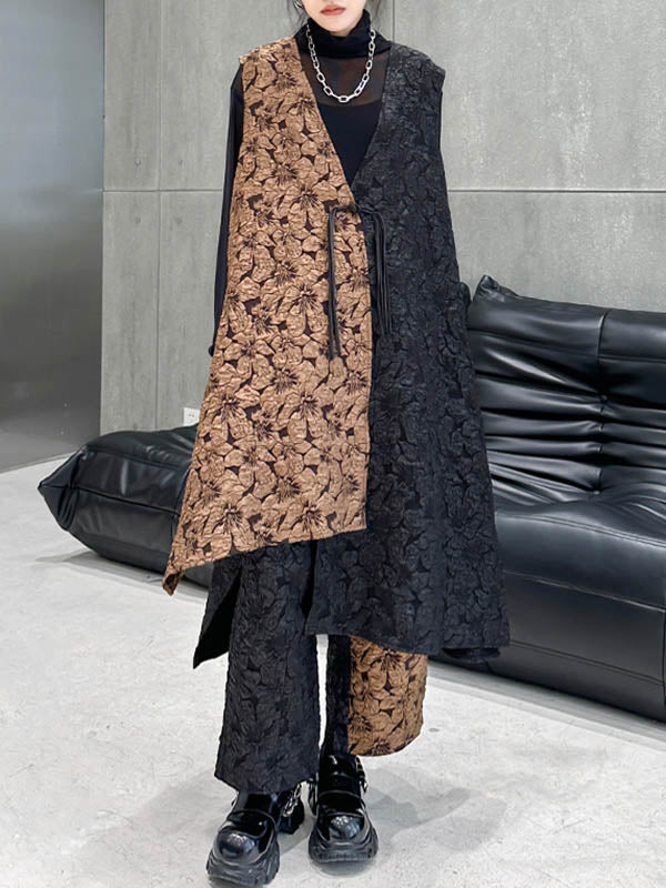 Jacquard A-Line High-Low Asymmetric Contrast Color Vest Top + Elasticity Pants Bottom Two Pieces Set