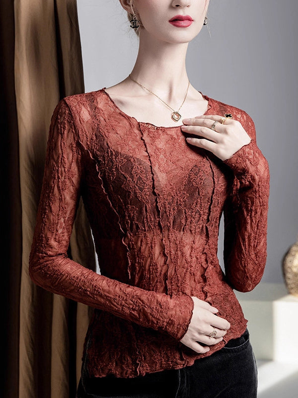 See-Through Split-Joint Textured Irregularity Long Sleeves Round-Neck T-Shirts Tops