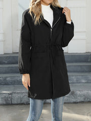 Drawstring Elasticity Pockets Quilted Solid Color Zipper Long Sleeves Loose Hooded Jackets