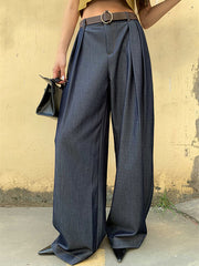 High-Waisted Pleated Solid Color Loose Wide Leg Trousers Pants