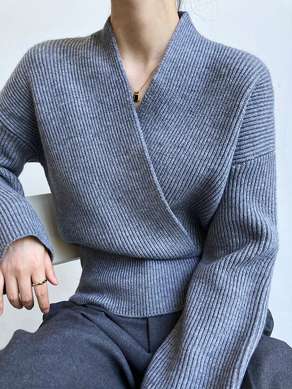 Casual Long Sleeves Loose Solid Color Cross V-Neck Sweater Tops