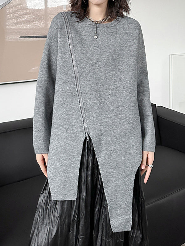 Asymmetric Solid Color Zipper High-low Long Sleeves Round-neck Sweater Tops Pullovers