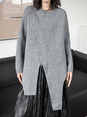 Asymmetric Solid Color Zipper High-low Long Sleeves Round-neck Sweater Tops Pullovers