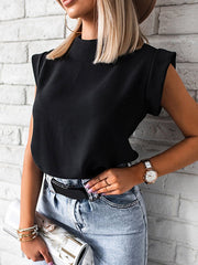 Hollow Solid Color Cap Sleeve Loose Mock Neck T-Shirts Tops