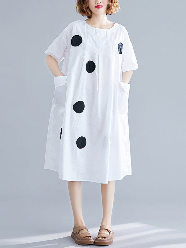 Original Short Sleeves Loose Contrast Color Polka-Dot Round-Neck Midi Dresses