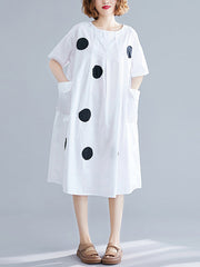 Original Short Sleeves Loose Contrast Color Polka-Dot Round-Neck Midi Dresses