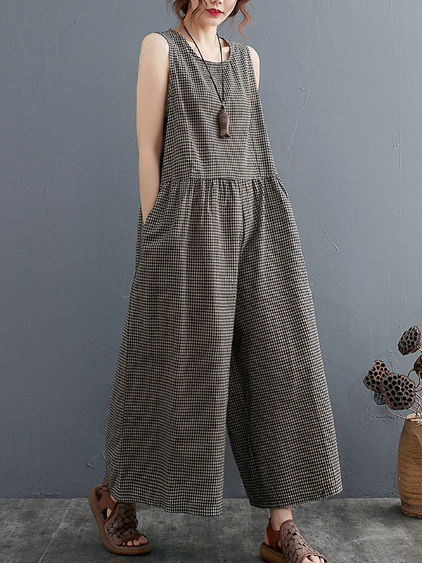 Plaid Split-Joint Loose Sleeveless Round-neck Jumpsuits