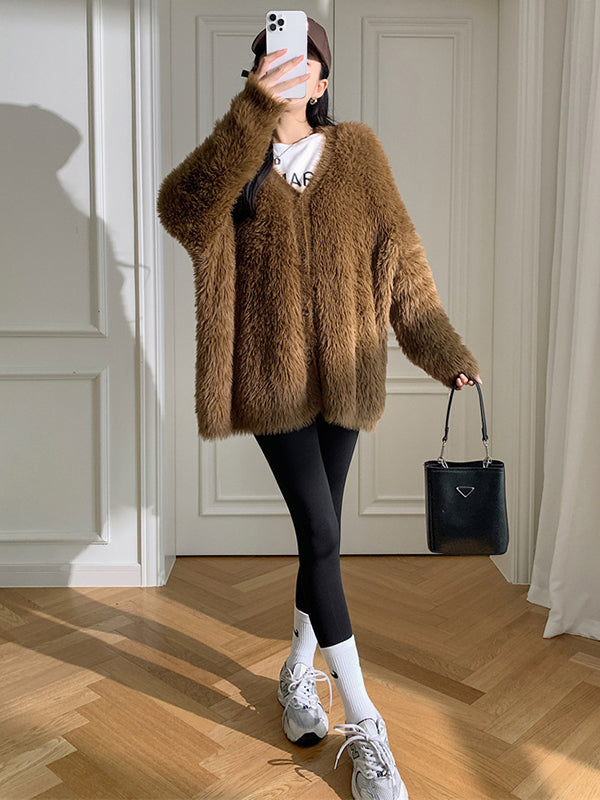 Casual Long Sleeves Loose Solid Color V-Neck Cardigan Tops