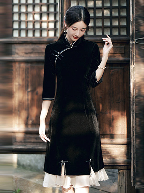 Vintage Beaded False Two Half Sleeves Long Cheongsams