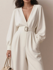 Long Sleeves Puff Sleeves Belted Hollow Solid Color Deep V-Neck Jumpsuits
