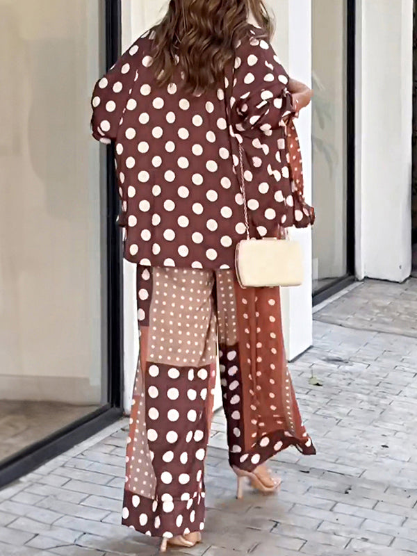 Long Sleeves Buttoned High-Low Polka-Dot Lapel Shirts Top + Drawstring Elasticity Pants Bottom Two Pieces Set