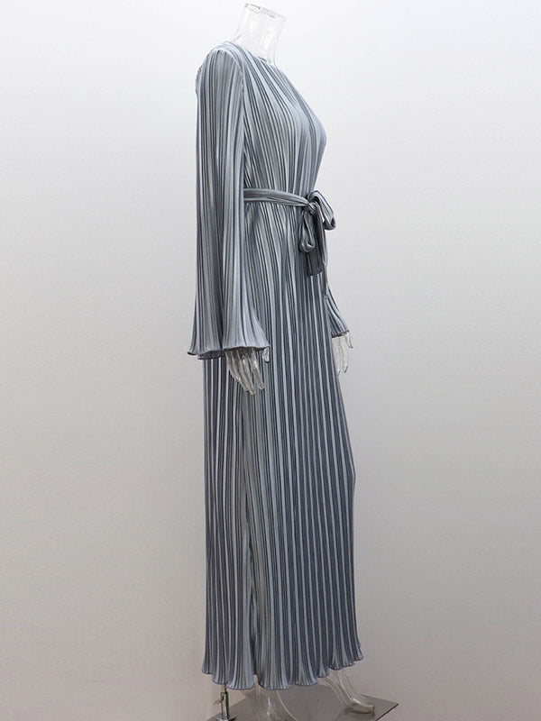 Pleated Solid Color Flared Sleeves Long Sleeves Round-Neck Maxi Dresses