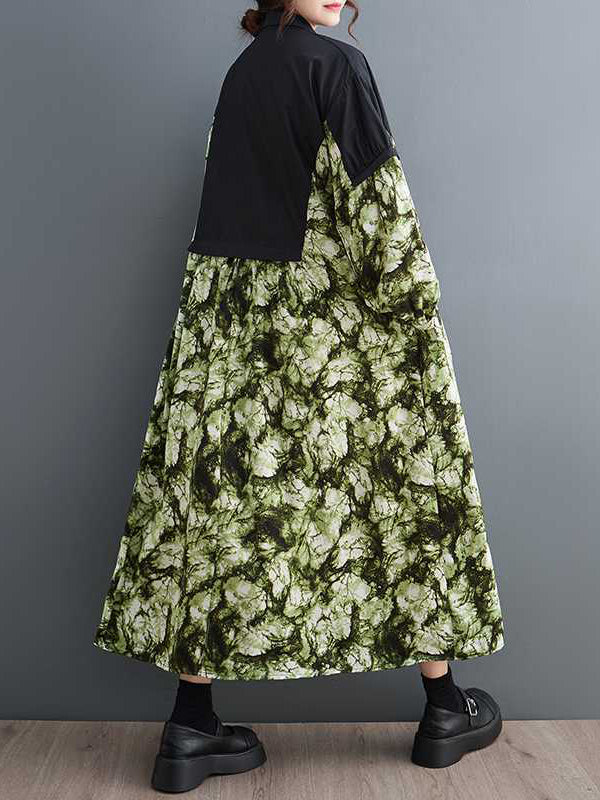 Buttoned Printed Split-Joint Long Sleeves Loose Lapel Midi Dresses