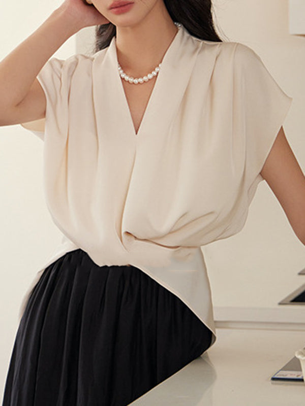 Knot Pleated Solid Color Split-Joint Loose Raglan Sleeve V-neck Blouses&shirts Tops
