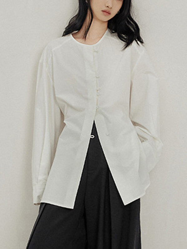 Buttoned Solid Color Tied Long Sleeves Loose Round-Neck Blouses&Shirts Tops